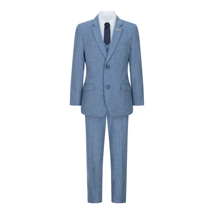 Boys 3 Piece Wool Suit Light Blue Tweed Vintage 1920s Classic 4 Pocket Waistcoat - Image 2