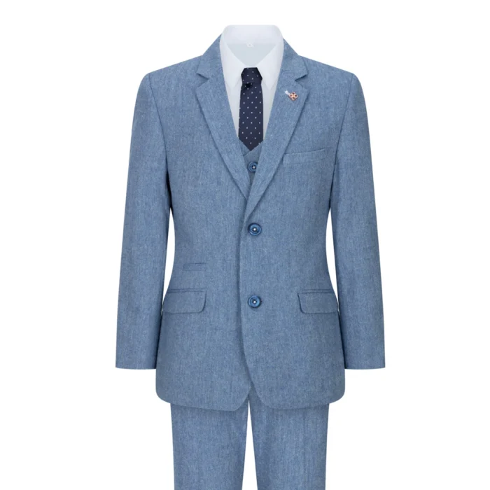 Boys 3 Piece Wool Suit Light Blue Tweed Vintage 1920s Classic 4 Pocket Waistcoat - Image 1