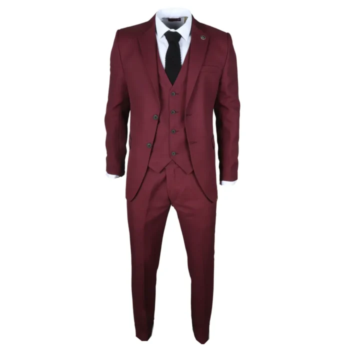 Men's Suit 3 Piece Burgundy Classic Birdseye Wedding Formal Dress - Image 2