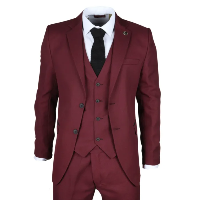 Men's Suit 3 Piece Burgundy Classic Birdseye Wedding Formal Dress - Image 1