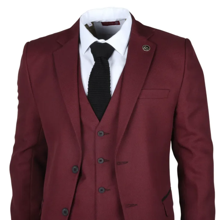 Men's Suit 3 Piece Burgundy Classic Birdseye Wedding Formal Dress - Image 3