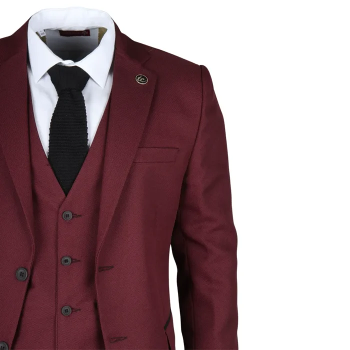Men's Suit 3 Piece Burgundy Classic Birdseye Wedding Formal Dress - Image 4