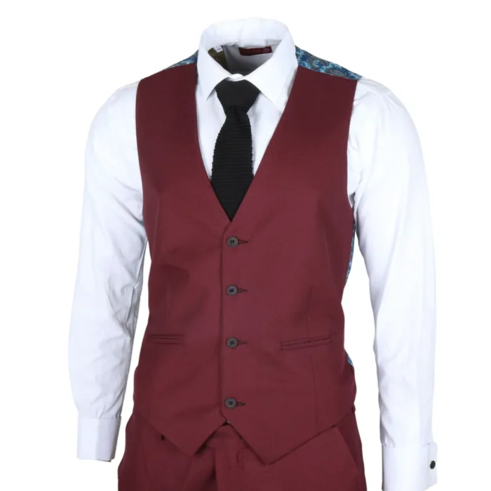 Men's Suit 3 Piece Burgundy Classic Birdseye Wedding Formal Dress - Image 5