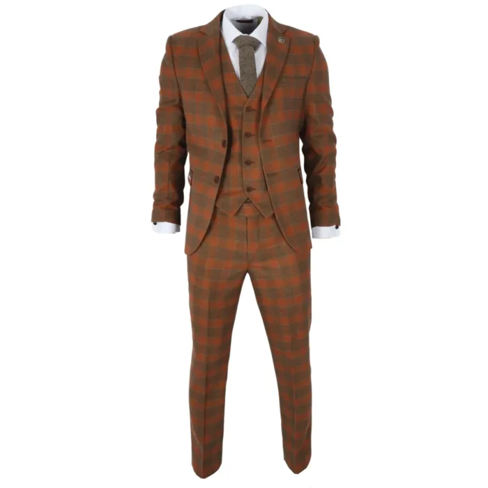 Men's Suit 3 Piece Brown Checkered Tailored Fit Classic Formal Dress - Image 2