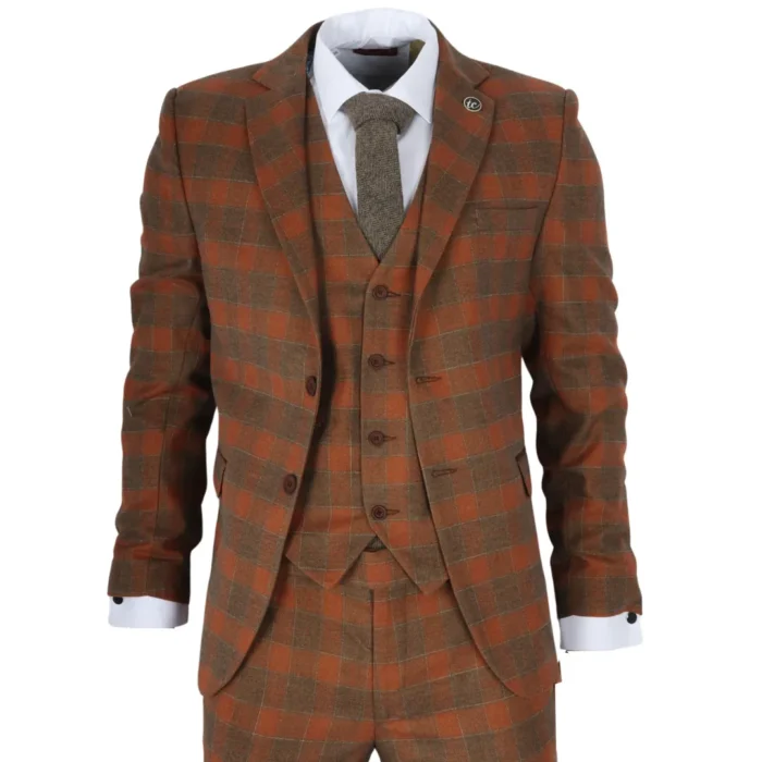 Men's Suit 3 Piece Brown Checkered Tailored Fit Classic Formal Dress - Image 1