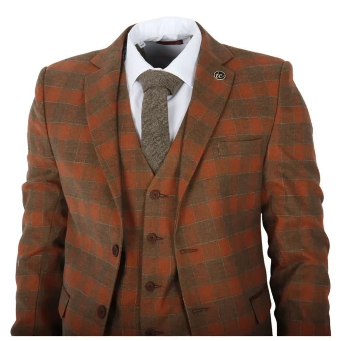 Men's Suit 3 Piece Brown Checkered Tailored Fit Classic Formal Dress - Image 3