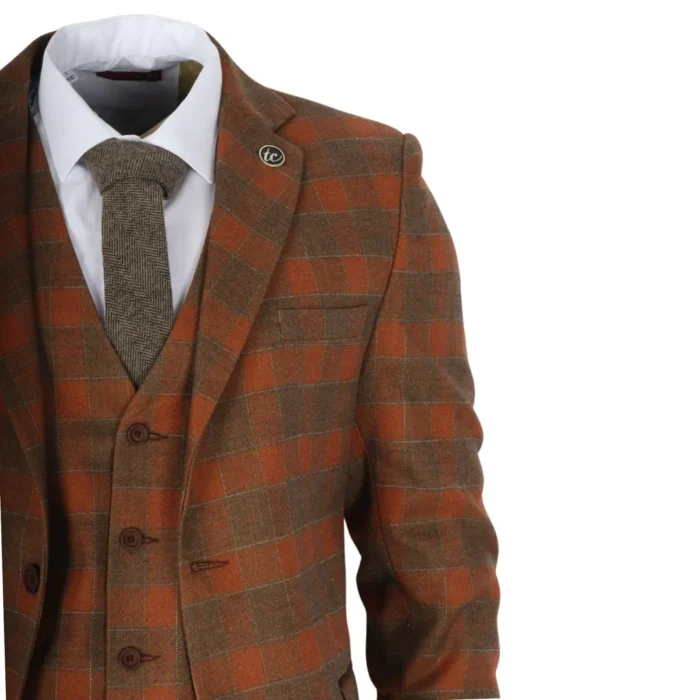 Men's Suit 3 Piece Brown Checkered Tailored Fit Classic Formal Dress - Image 4
