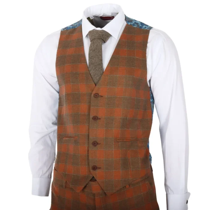 Men's Suit 3 Piece Brown Checkered Tailored Fit Classic Formal Dress - Image 5