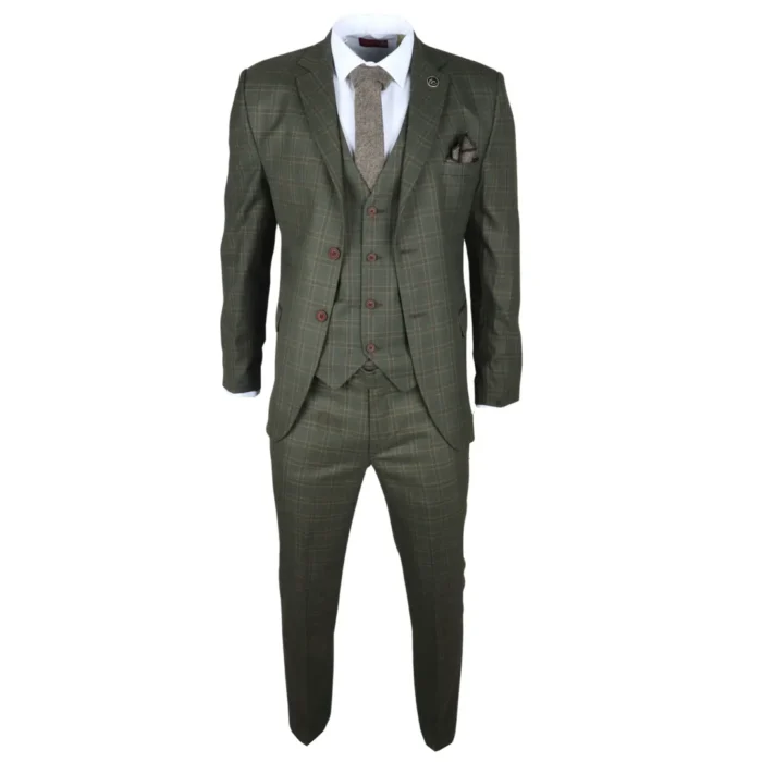 Men's Suit 3 Piece Green Checkered Tailored Fit Classic Formal Dress - Image 2