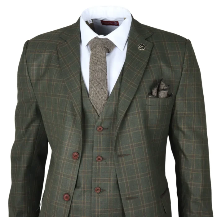 Men's Suit 3 Piece Green Checkered Tailored Fit Classic Formal Dress - Image 3