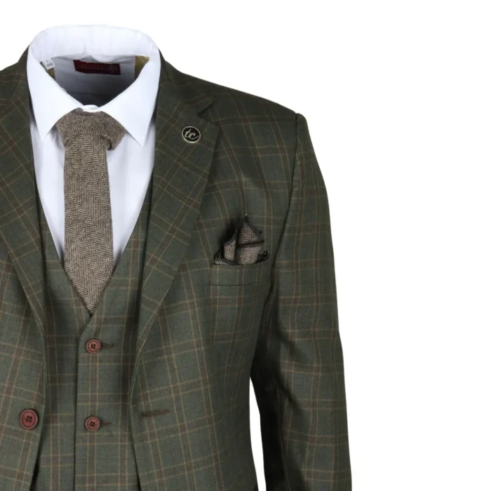 Men's Suit 3 Piece Green Checkered Tailored Fit Classic Formal Dress - Image 4
