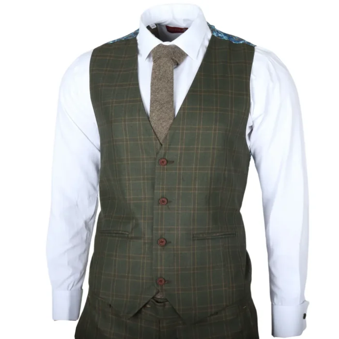 Men's Suit 3 Piece Green Checkered Tailored Fit Classic Formal Dress - Image 5