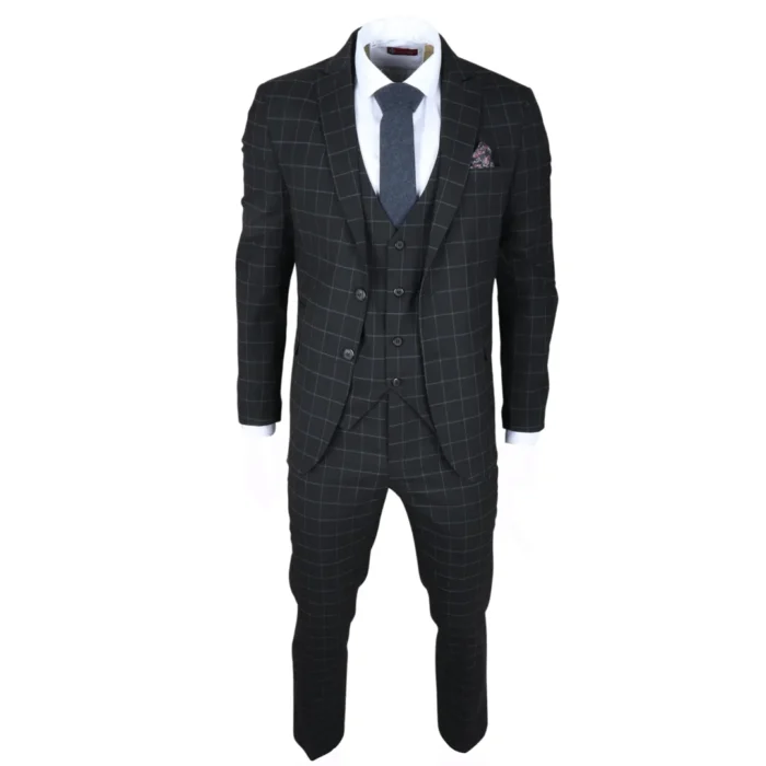 Men's Suit Black Checked Tailored Fit 3 Piece Formal Dress - Image 2