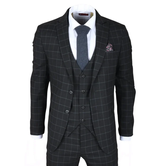 Men's Suit Black Checked Tailored Fit 3 Piece Formal Dress - Image 1