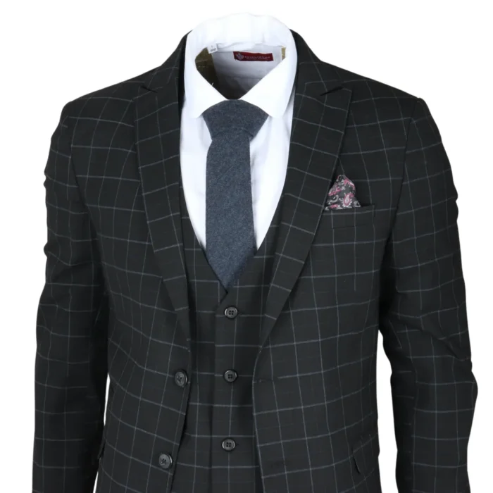 Men's Suit Black Checked Tailored Fit 3 Piece Formal Dress - Image 3
