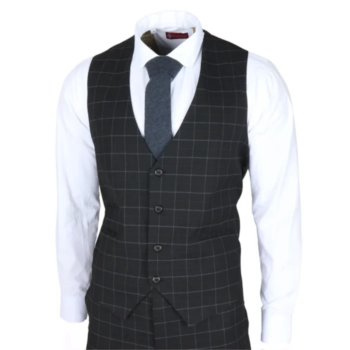 Men's Suit Black Checked Tailored Fit 3 Piece Formal Dress - Image 5