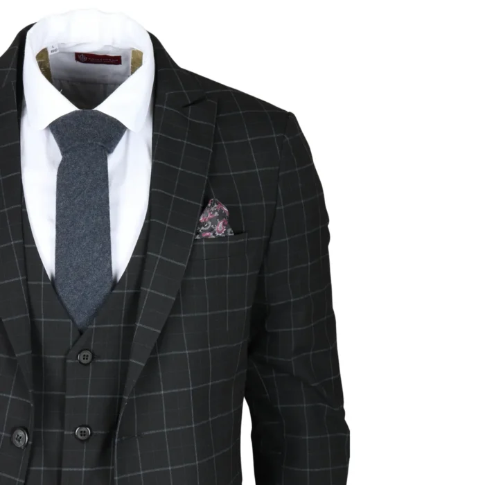 Men's Suit Black Checked Tailored Fit 3 Piece Formal Dress - Image 4