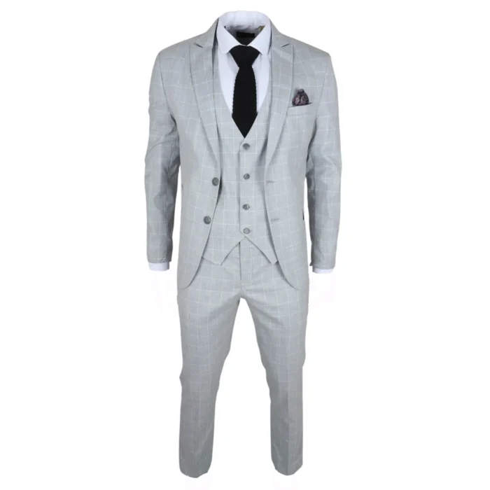 Men's Suit Grey Checked Tailored Fit 3 Piece Formal Dress - Image 2