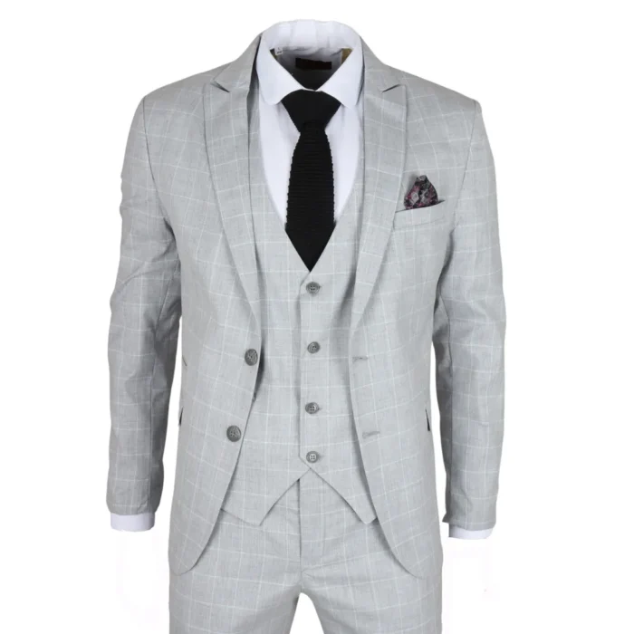 Men's Suit Grey Checked Tailored Fit 3 Piece Formal Dress - Image 1
