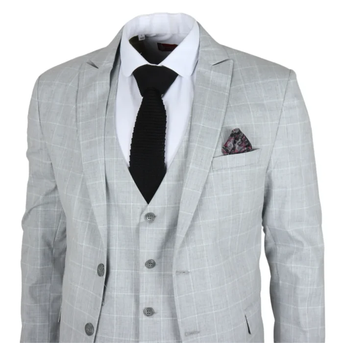 Men's Suit Grey Checked Tailored Fit 3 Piece Formal Dress - Image 3