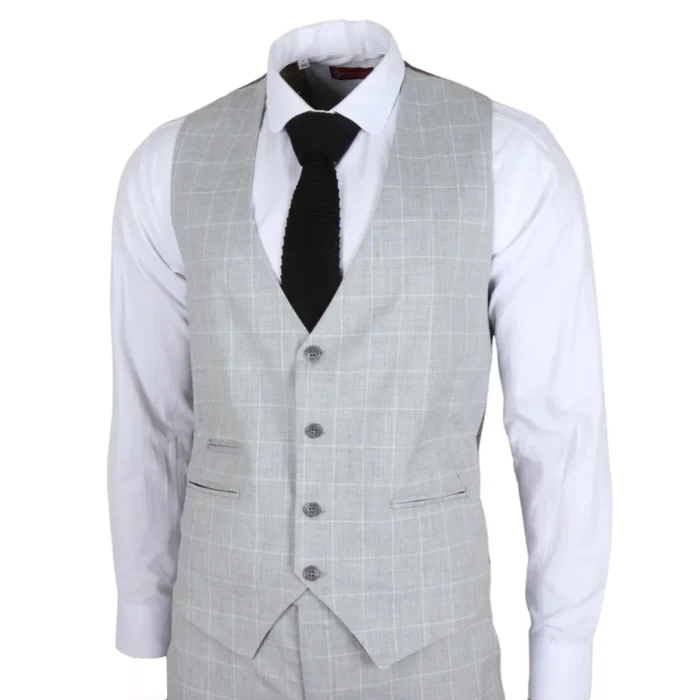 Men's Suit Grey Checked Tailored Fit 3 Piece Formal Dress - Image 5