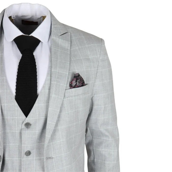 Men's Suit Grey Checked Tailored Fit 3 Piece Formal Dress - Image 4