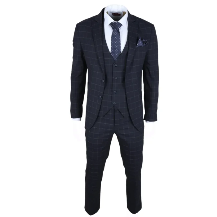 Men's Suit Navy Blue Checked Tailored Fit 3 Piece Formal Dress - Image 2