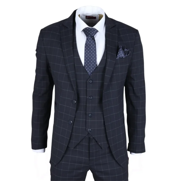 Men's Suit Navy Blue Checked Tailored Fit 3 Piece Formal Dress - Image 1