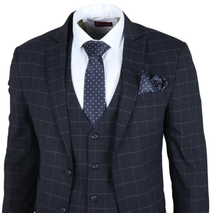 Men's Suit Navy Blue Checked Tailored Fit 3 Piece Formal Dress - Image 3