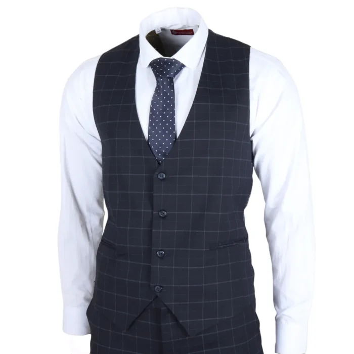 Men's Suit Navy Blue Checked Tailored Fit 3 Piece Formal Dress - Image 5
