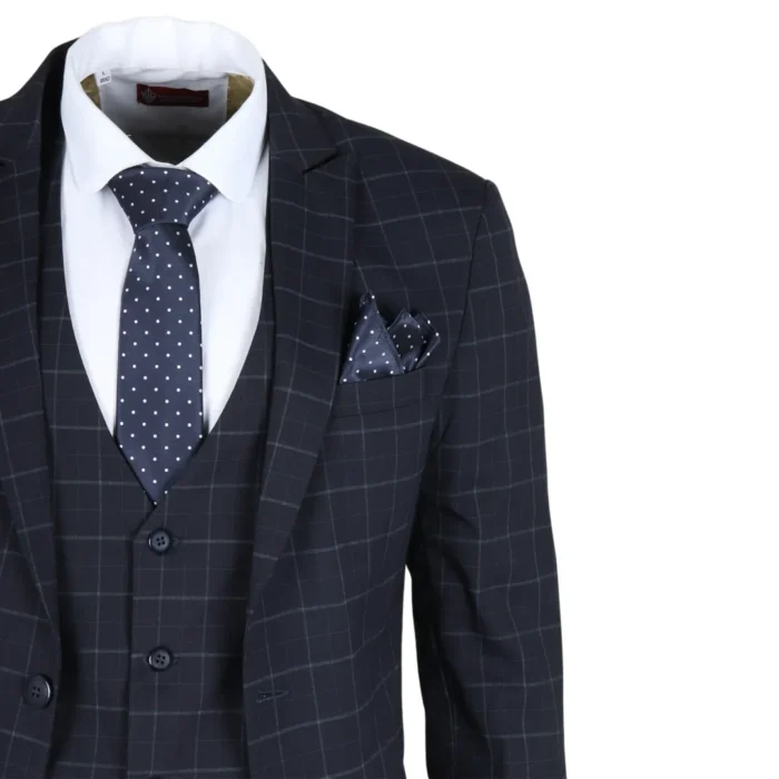 Men's Suit Navy Blue Checked Tailored Fit 3 Piece Formal Dress - Image 4