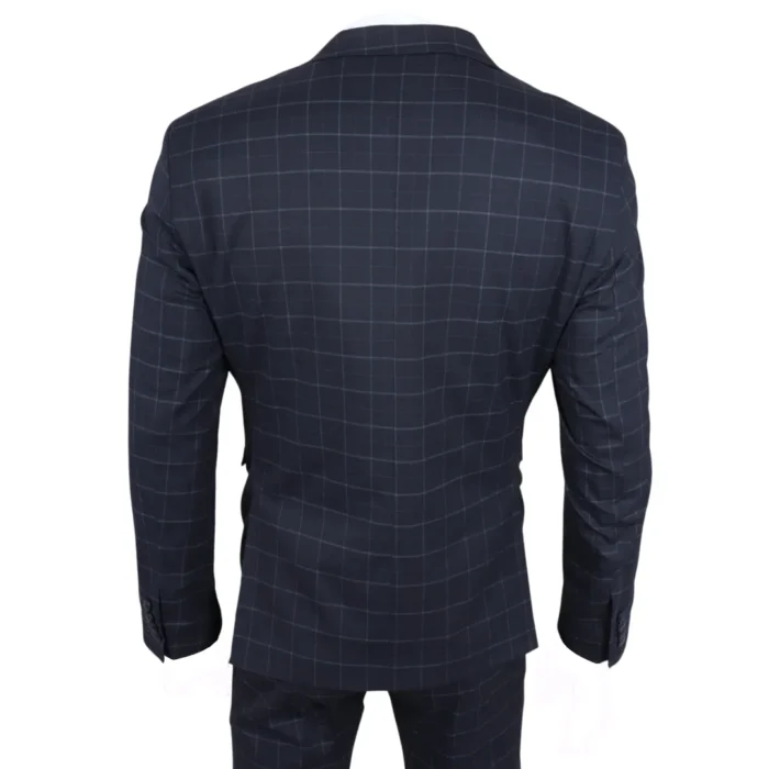 Men's Suit Navy Blue Checked Tailored Fit 3 Piece Formal Dress - Image 6