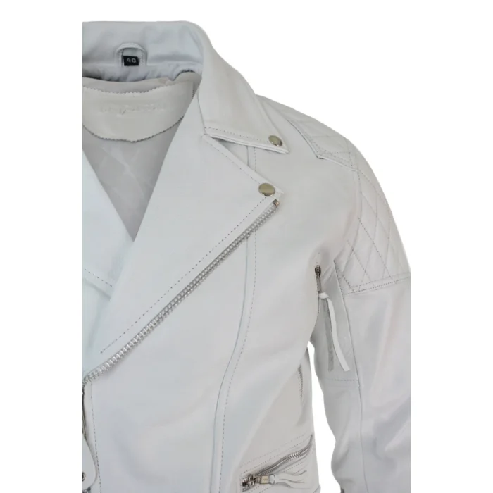 Mens Cross Zip Cow Hide Padded Biker Jacket White Black Brando Vintage - Image 7