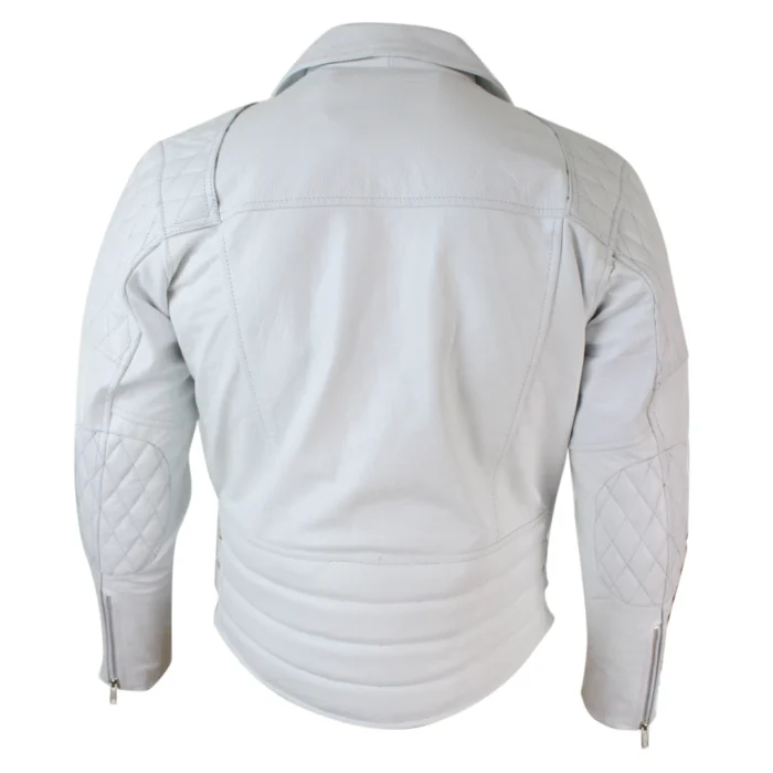 Mens Cross Zip Cow Hide Padded Biker Jacket White Black Brando Vintage - Image 8