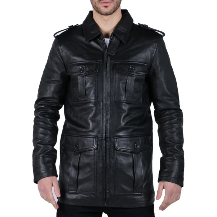 Mens Real Leather Safari Parka Coat Black Brown Tailored Fit Casual Jacket - Image 1