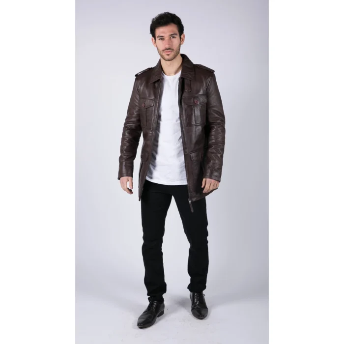 Mens Real Leather Safari Parka Coat Black Brown Tailored Fit Casual Jacket - Image 10