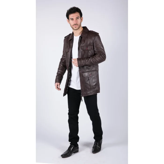 Mens Real Leather Safari Parka Coat Black Brown Tailored Fit Casual Jacket - Image 12