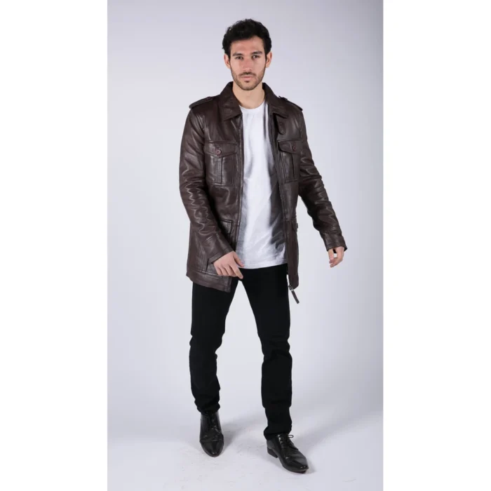 Mens Real Leather Safari Parka Coat Black Brown Tailored Fit Casual Jacket - Image 13