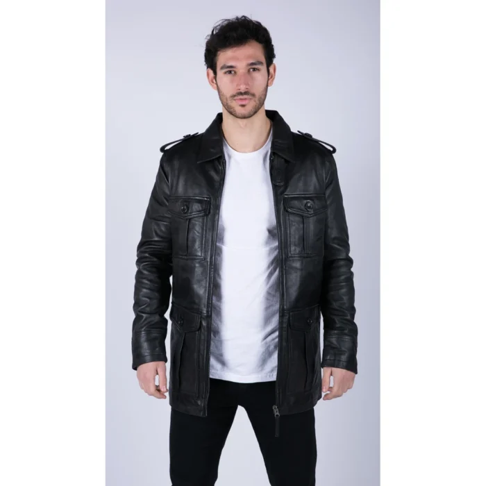 Mens Real Leather Safari Parka Coat Black Brown Tailored Fit Casual Jacket - Image 2