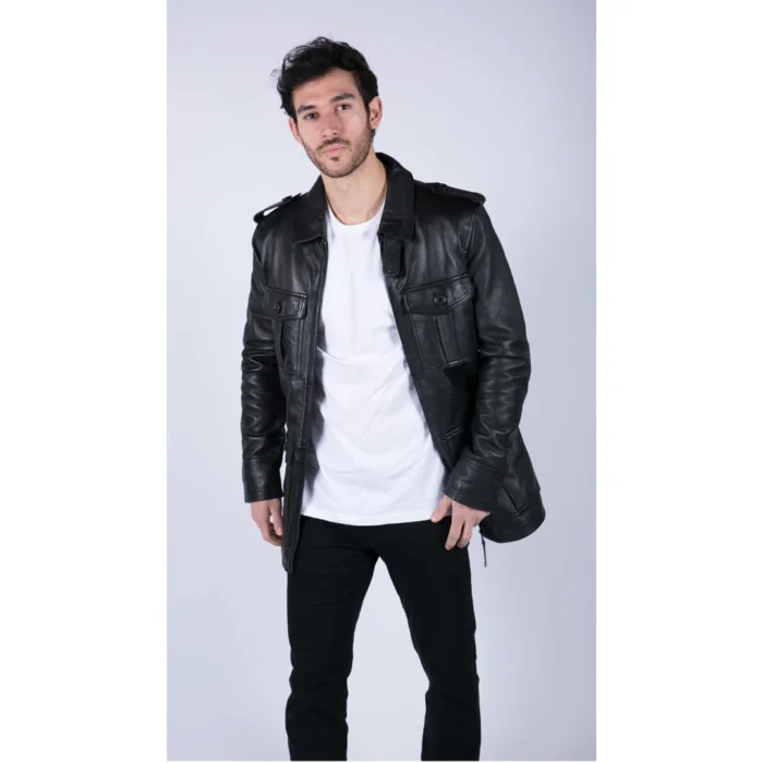 Mens Real Leather Safari Parka Coat Black Brown Tailored Fit Casual Jacket - Image 3