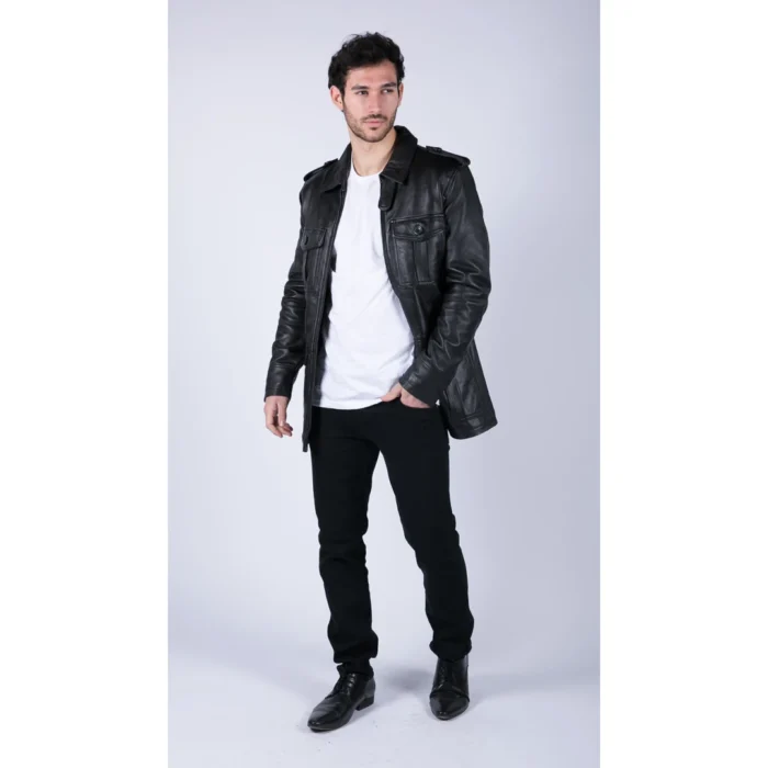 Mens Real Leather Safari Parka Coat Black Brown Tailored Fit Casual Jacket - Image 4