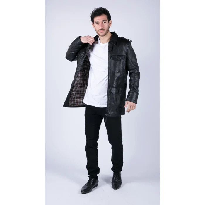 Mens Real Leather Safari Parka Coat Black Brown Tailored Fit Casual Jacket - Image 5