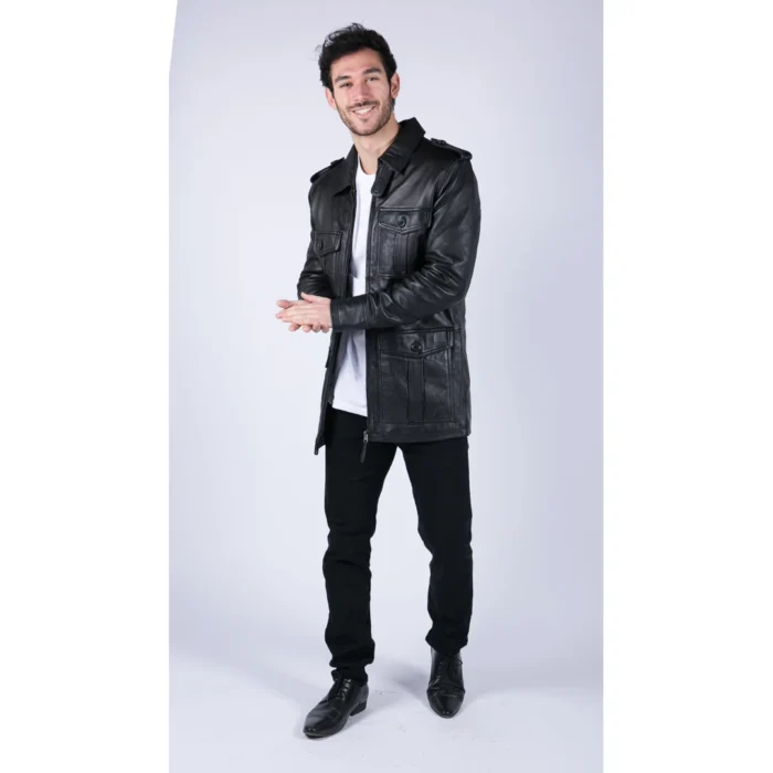 Mens Real Leather Safari Parka Coat Black Brown Tailored Fit Casual Jacket - Image 6