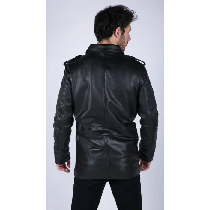 Mens Real Leather Safari Parka Coat Black Brown Tailored Fit Casual Jacket - Image 7