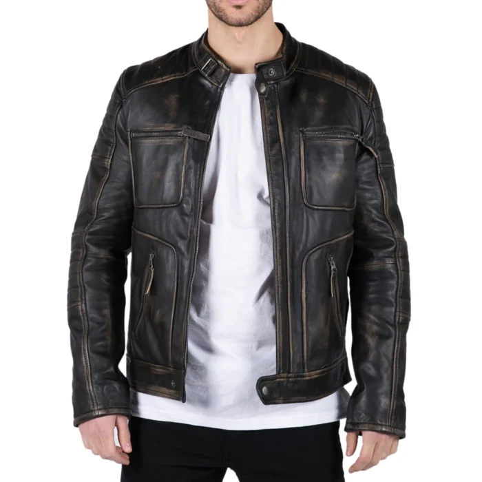 Mens Retro Real Leather Black Brown Washed Jacket Biker Style Zipped - Image 1