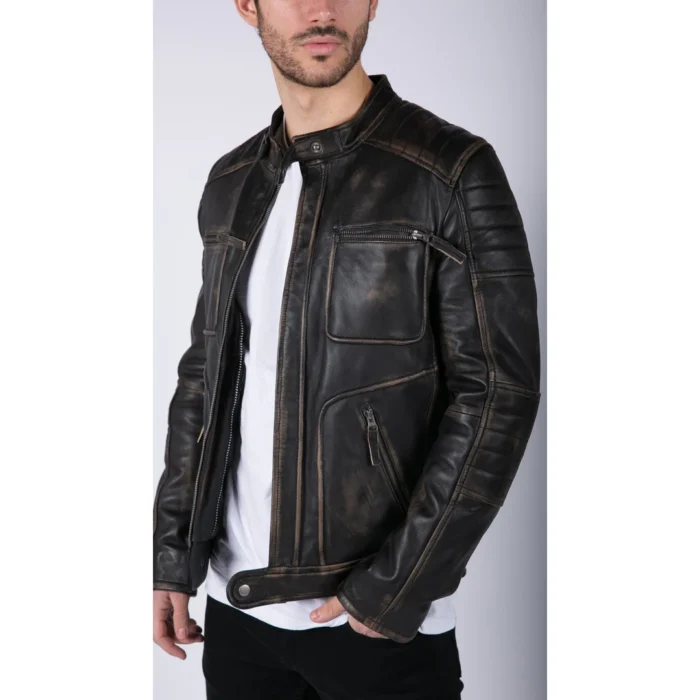 Mens Retro Real Leather Black Brown Washed Jacket Biker Style Zipped - Image 2