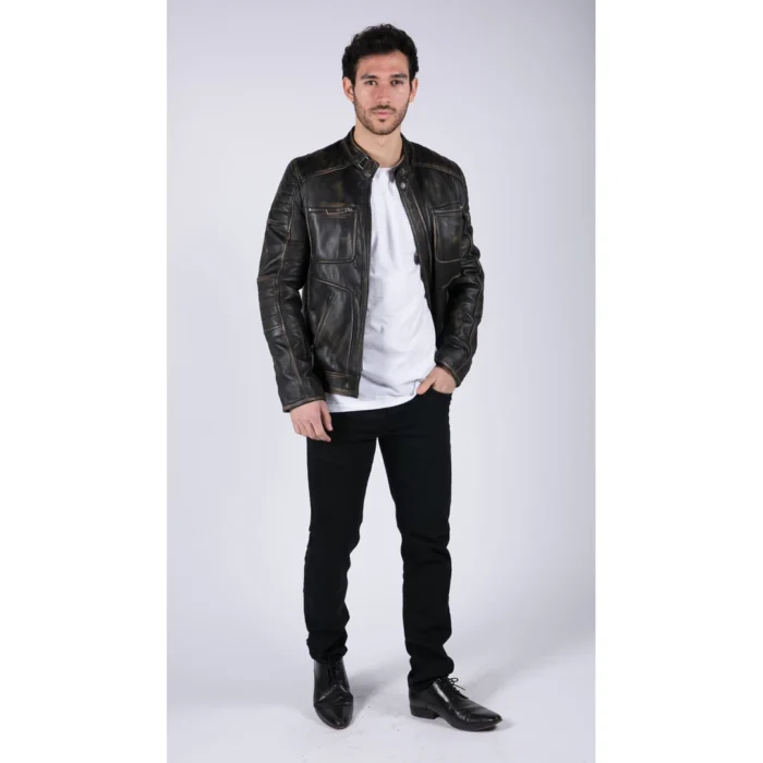 Mens Retro Real Leather Black Brown Washed Jacket Biker Style Zipped - Image 3