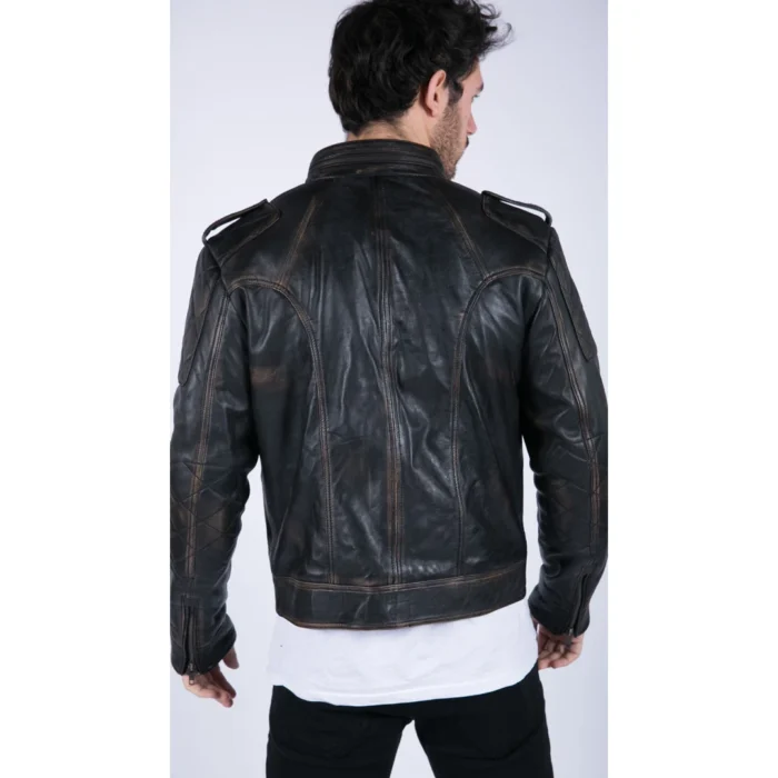 Mens Retro Real Leather Black Brown Washed Racer Jacket Biker Zipped Slim - Image 4