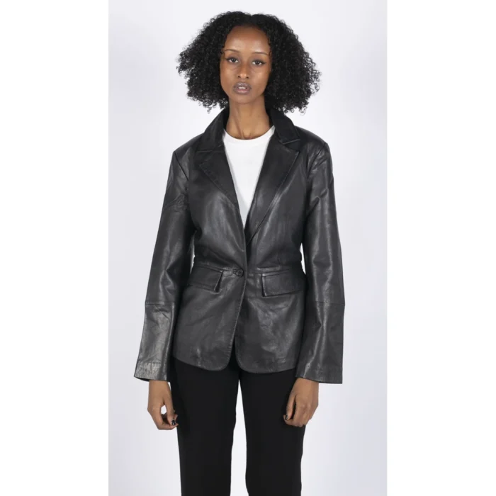 Womens Real Leather Blazer Jacket Short 1 Buton Brown Tan Black Classic Retro - Image 2
