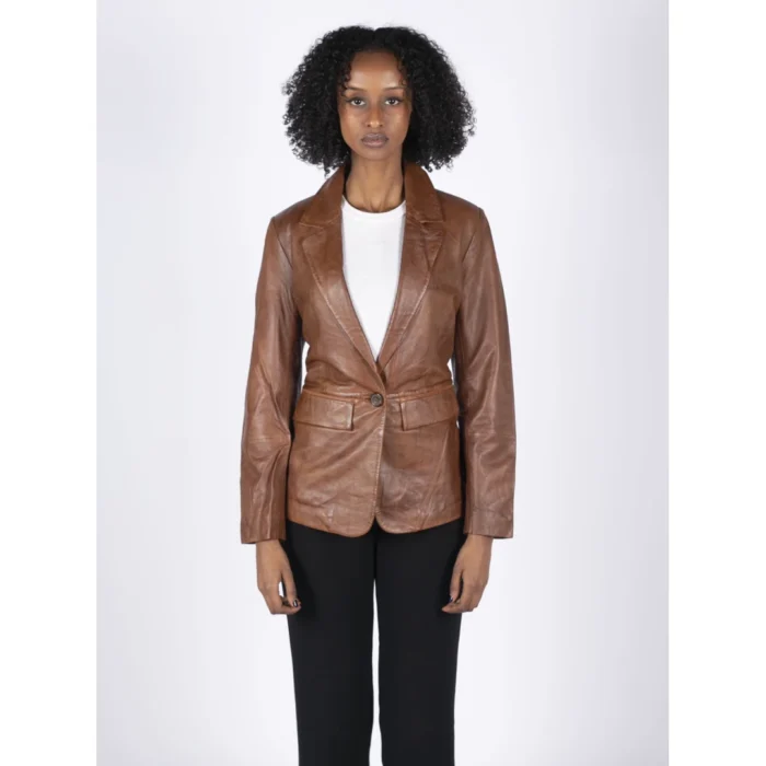 Womens Real Leather Blazer Jacket Short 1 Buton Brown Tan Black Classic Retro - Image 7